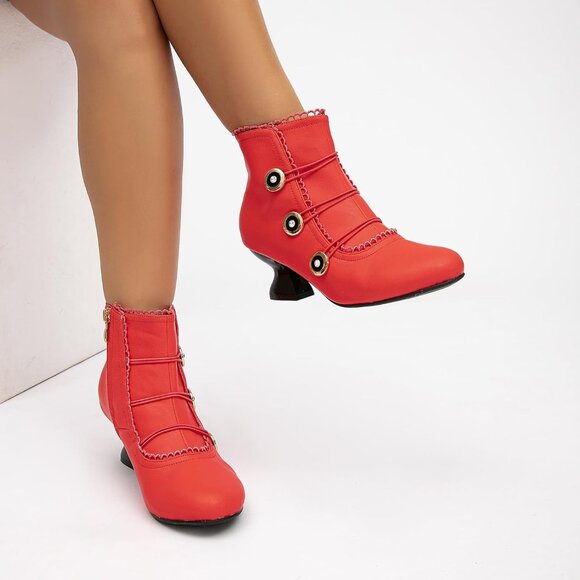 Women's Red Ankle Boots Low Heels Lace Buttons Round Toe Side Zipper - Picture 2 of 7